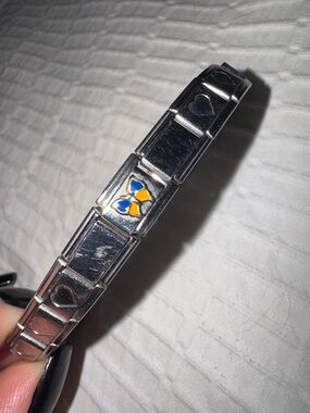 Silver Italian Charm Bracelet with Blue and Yellow Bow Tile